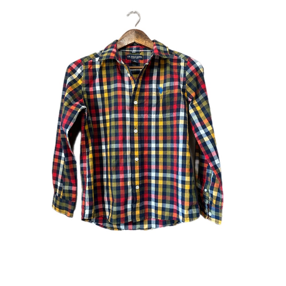 U.S. Polo Assn Button Down Kids L 10-12 Multi Color Excellent Plaid Long Sleeve